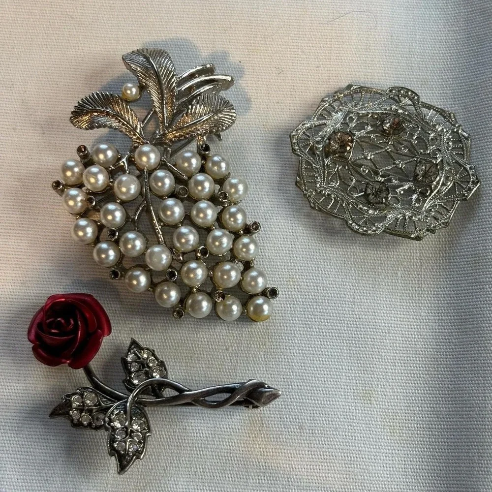 Lot of 6 Vintage Brooches and Earrings Silver Pearls Rhinestones Floral Grape